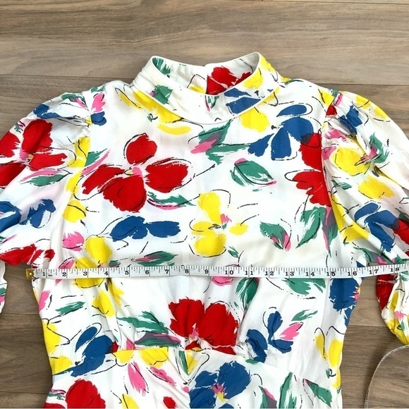 RIXO Floral Maxi Dress Mock Neck Cascade Ruffle Split - Picture 10 of 12